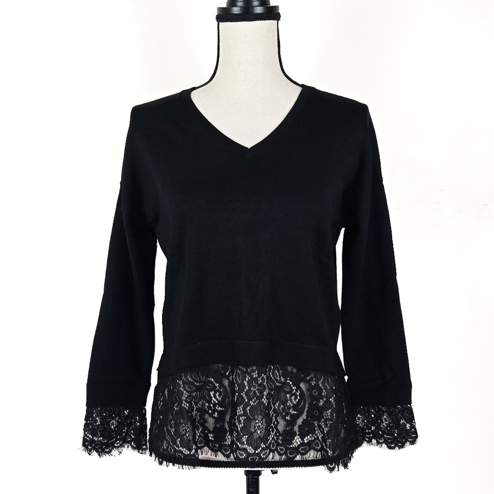NWT Adrianna Papell Twofer Black Lace Accent Sweater